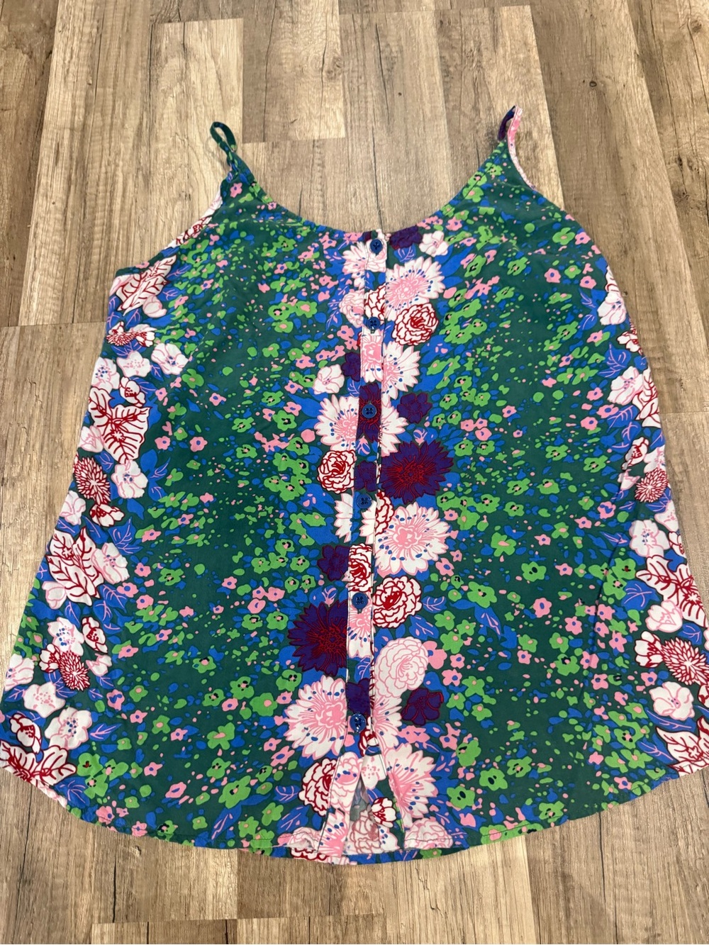 CAbi Green Floral Button-Front Cami with Pink & Red Blooms